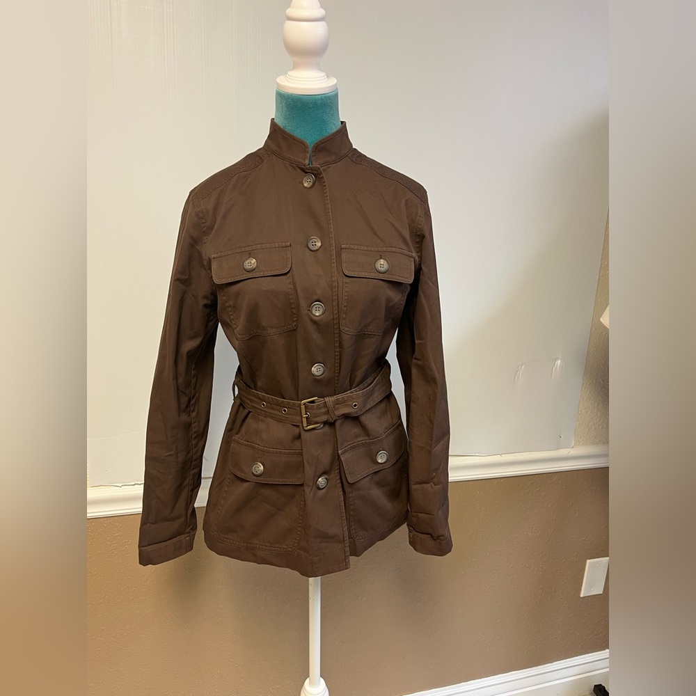 Kate Hill Belted Utility Jacket – Brown Military Style | Size S | Cargo Pockets